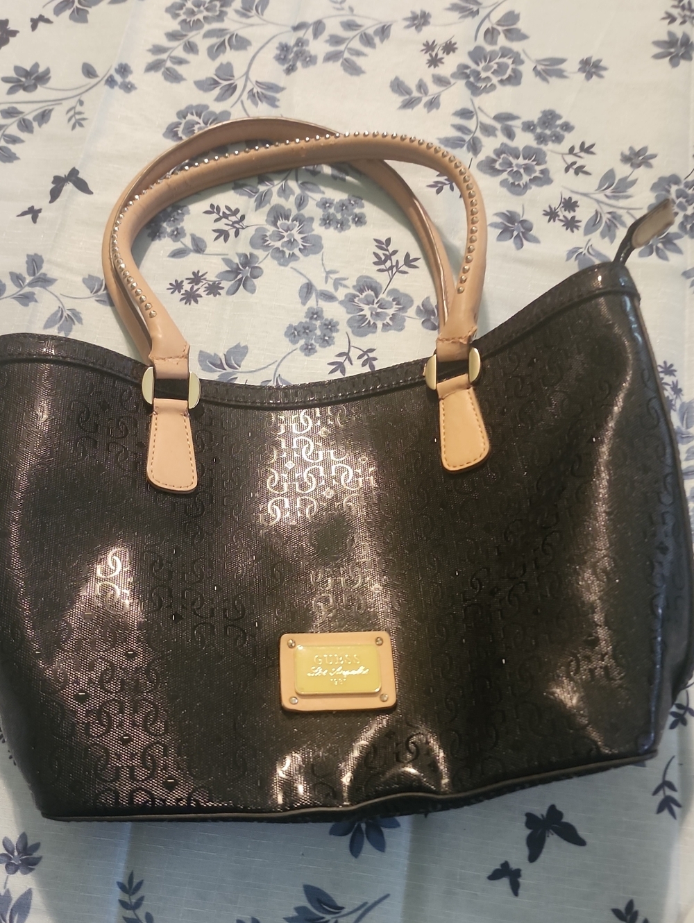Guess Black Tote with Tan Handles and Logo Plaque